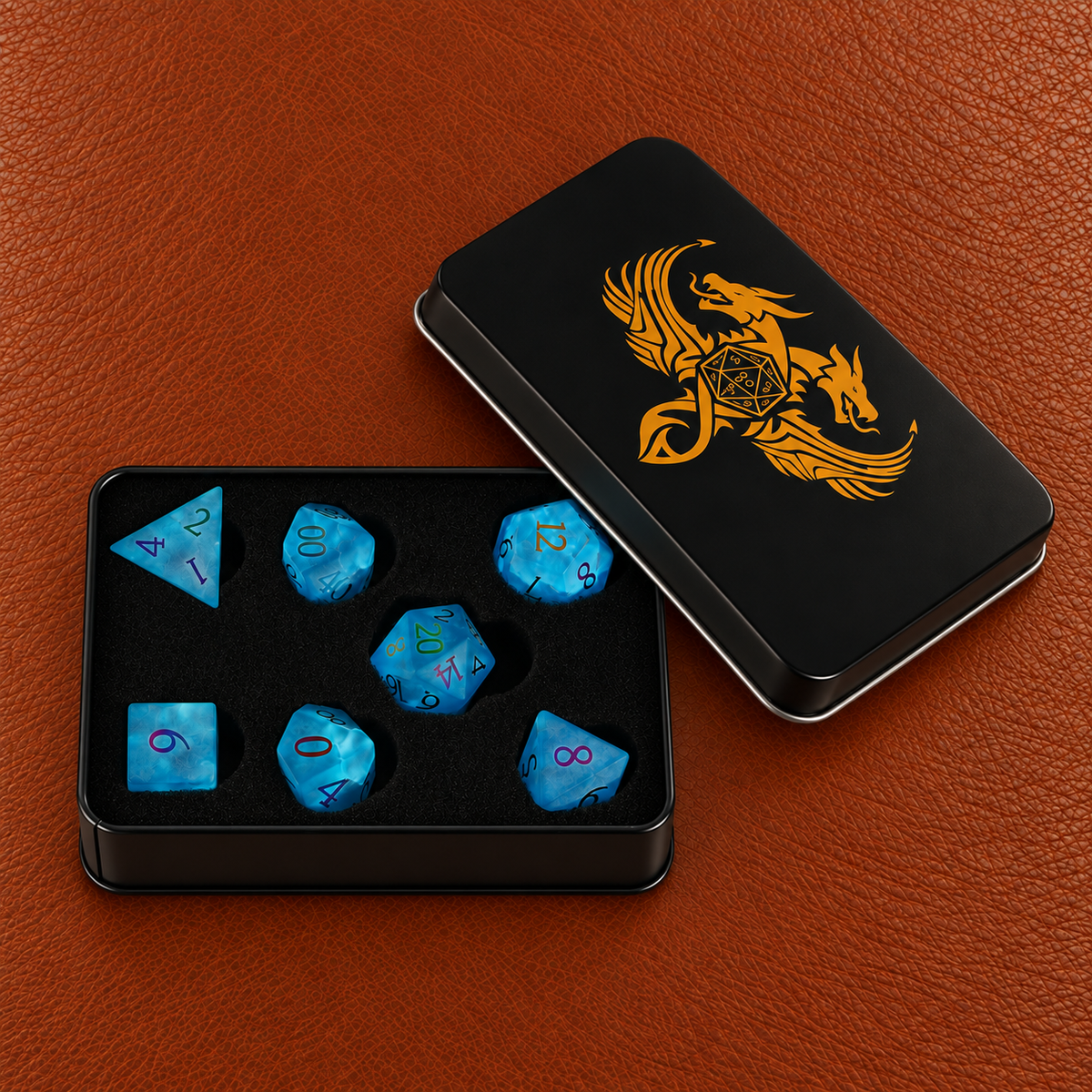 Tidal Arcane Whisper-Gemstone Dice Set – GELOHO gift packaging on cognac leather