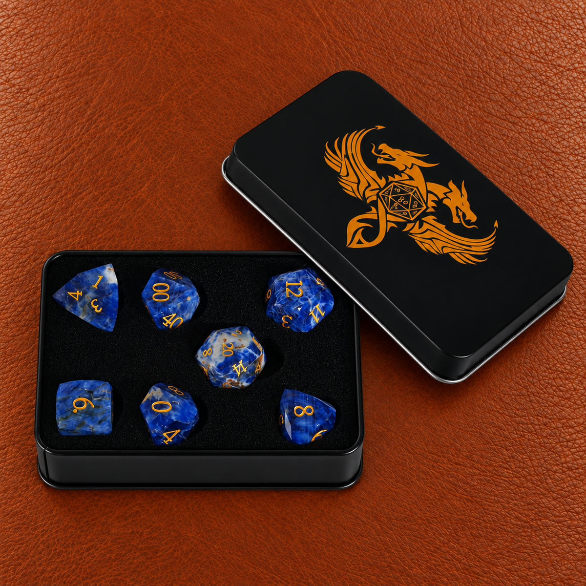 Lapis Crown Relic-Gemstone Dice Set – GELOHO gift packaging on cognac leather