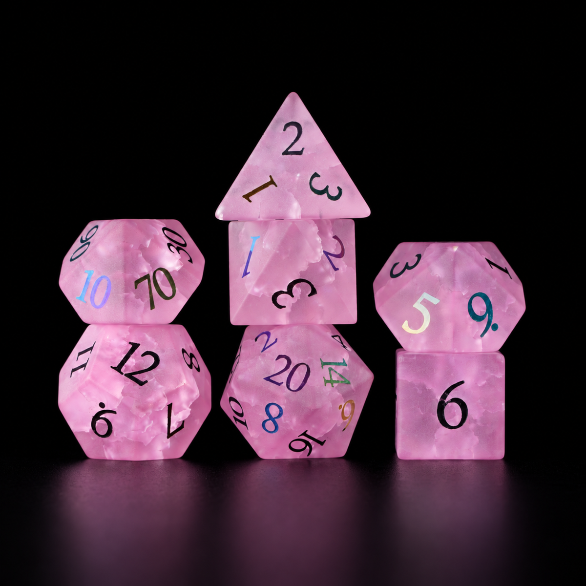 Fey Rose Covenant-Gemstone Dice Set – standing polyhedral set on black leather