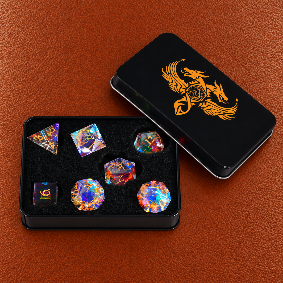 Prismatic Astral Vision-Gemstone Dice Set – GELOHO gift packaging on cognac leather
