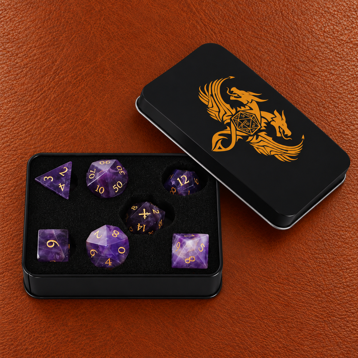 Violet Arcane Oath-Gemstone Dice Set – GELOHO gift packaging on cognac leather