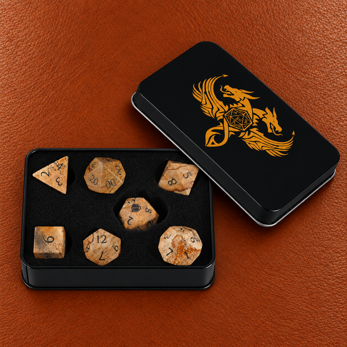 Ancient Map Relic-Gemstone Dice Set – GELOHO gift packaging on cognac leather