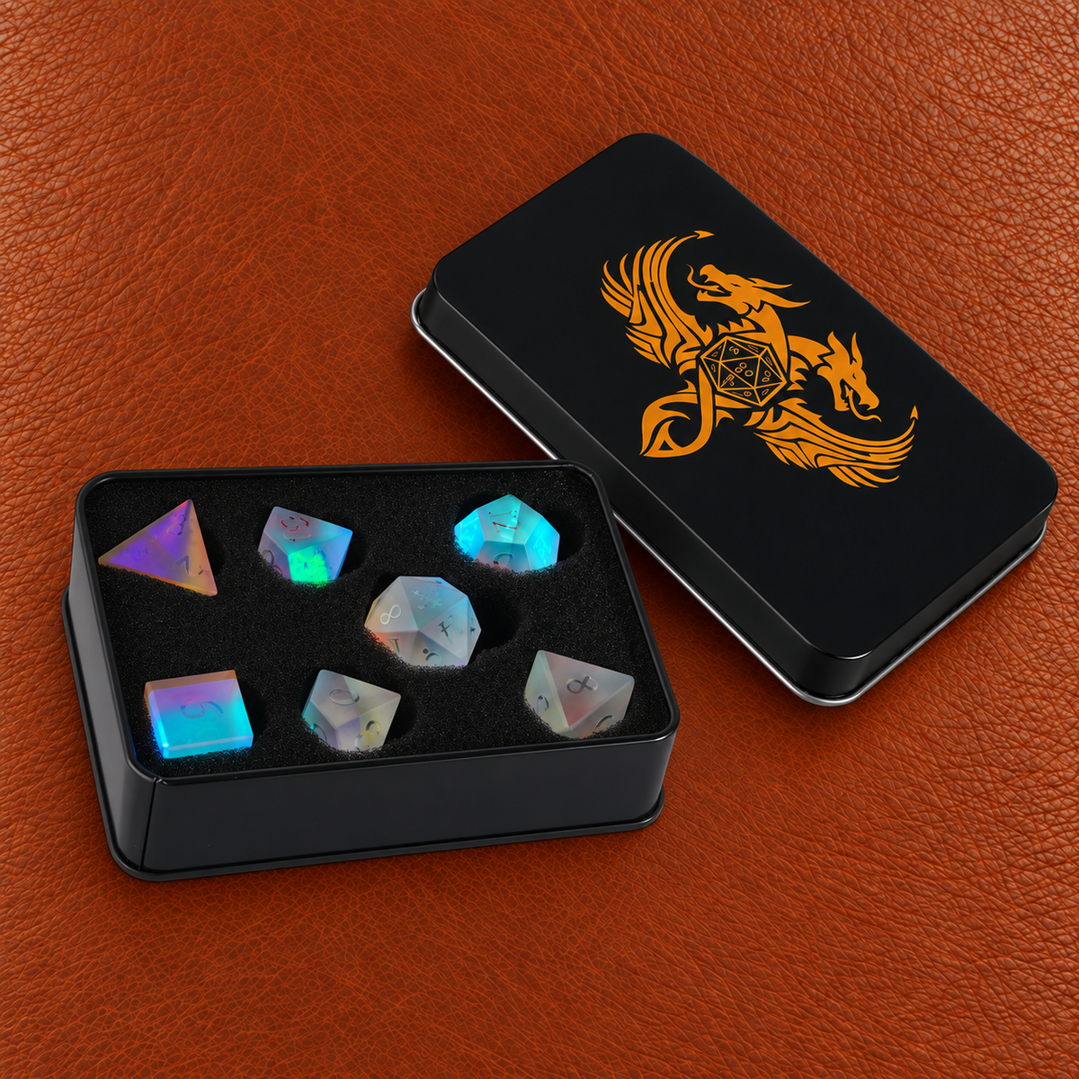 Prismatic Arcane Ward-Gemstone Dice Set – GELOHO gift packaging on cognac leather
