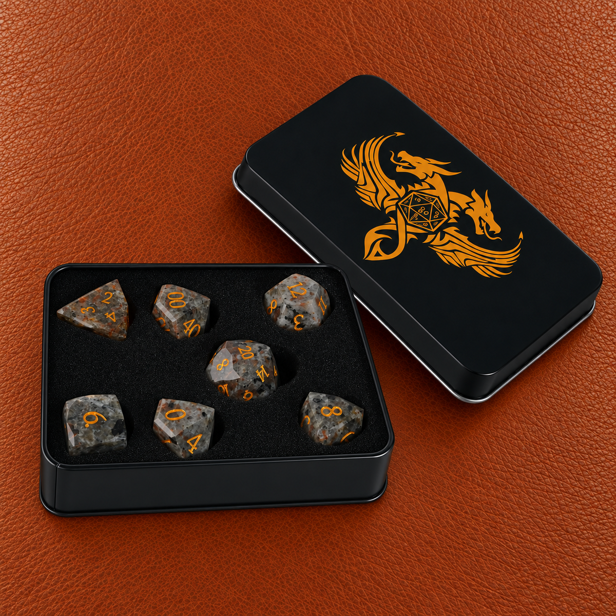 Flamebound Oath Relic-Gemstone Dice Set – GELOHO gift packaging on cognac leather