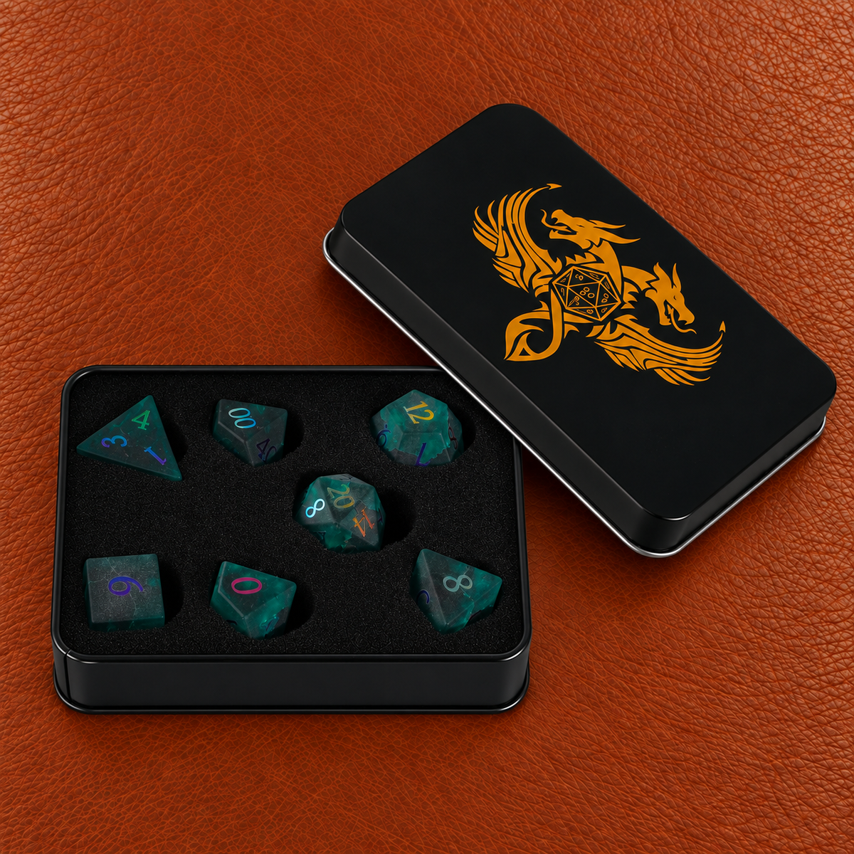 Chromatic Storm Sigil-Gemstone Dice Set – GELOHO gift packaging on cognac leather