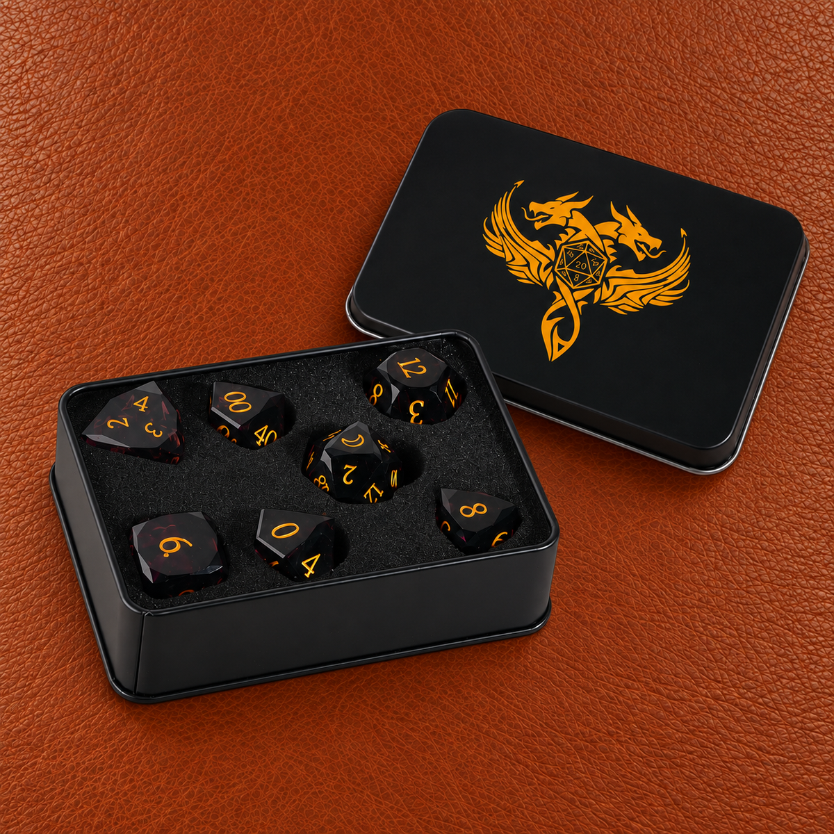Crimson Moon Ritual-Gemstone Dice Set – GELOHO gift packaging on cognac leather