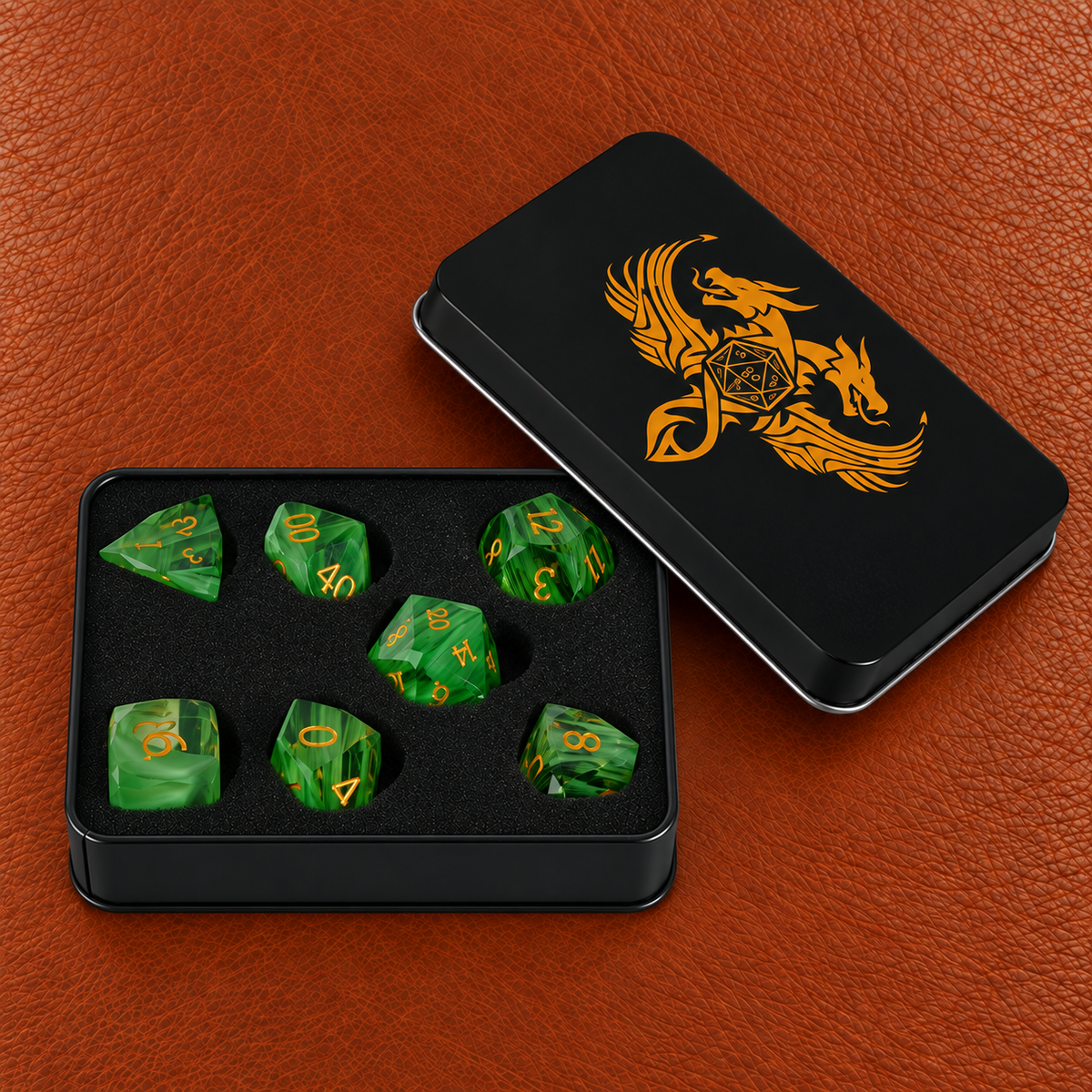 Verdant Aurora Grove-Gemstone Dice Set – GELOHO gift packaging on cognac leather