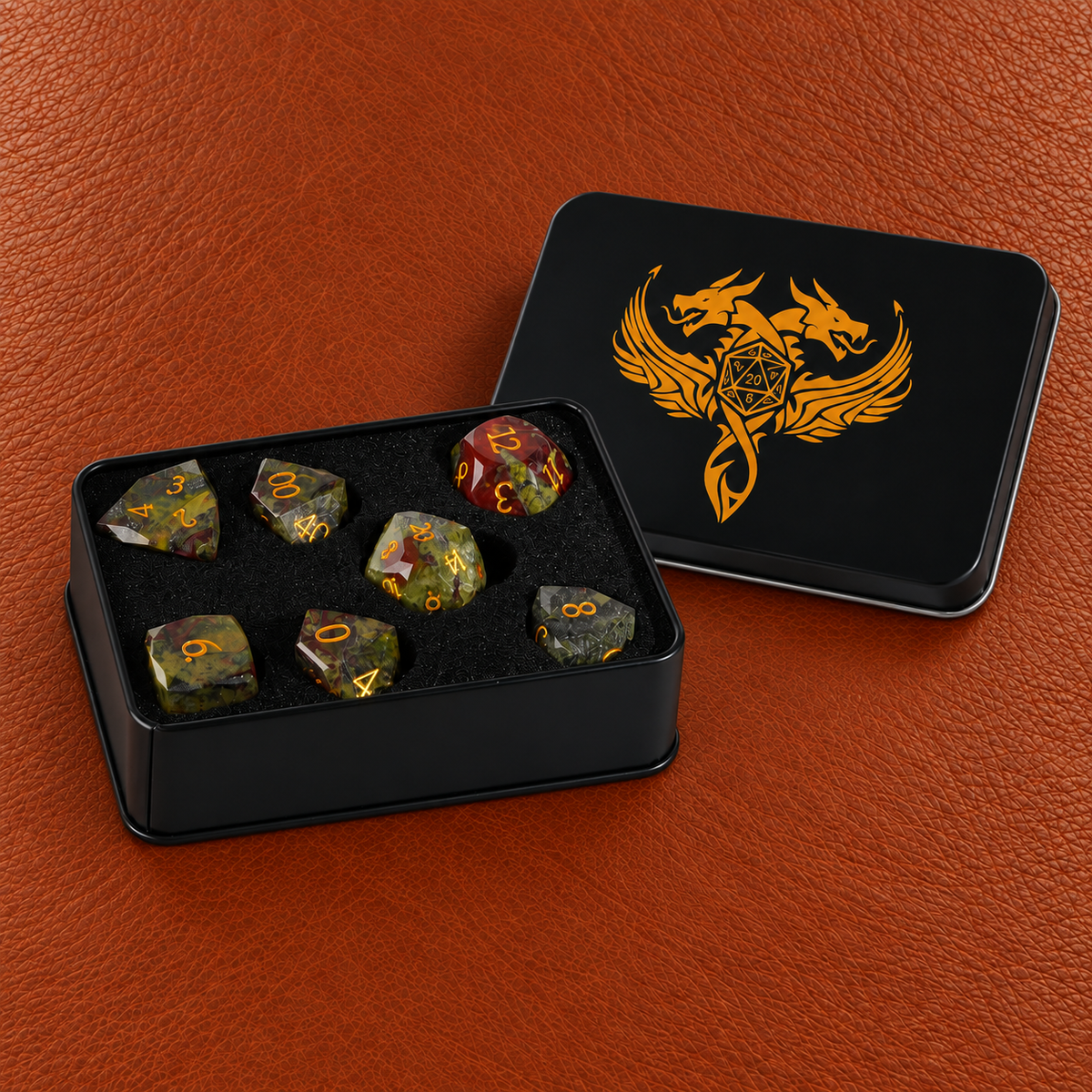 Mystic Ore Forge-Gemstone Dice Set – GELOHO gift packaging on cognac leather