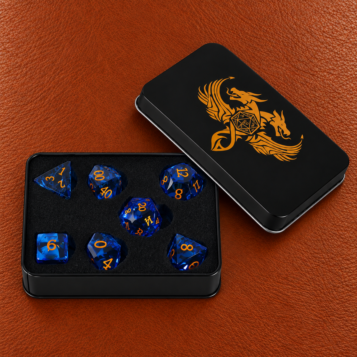 Azure Tide Arcana-Gemstone Dice Set – GELOHO gift packaging on cognac leather