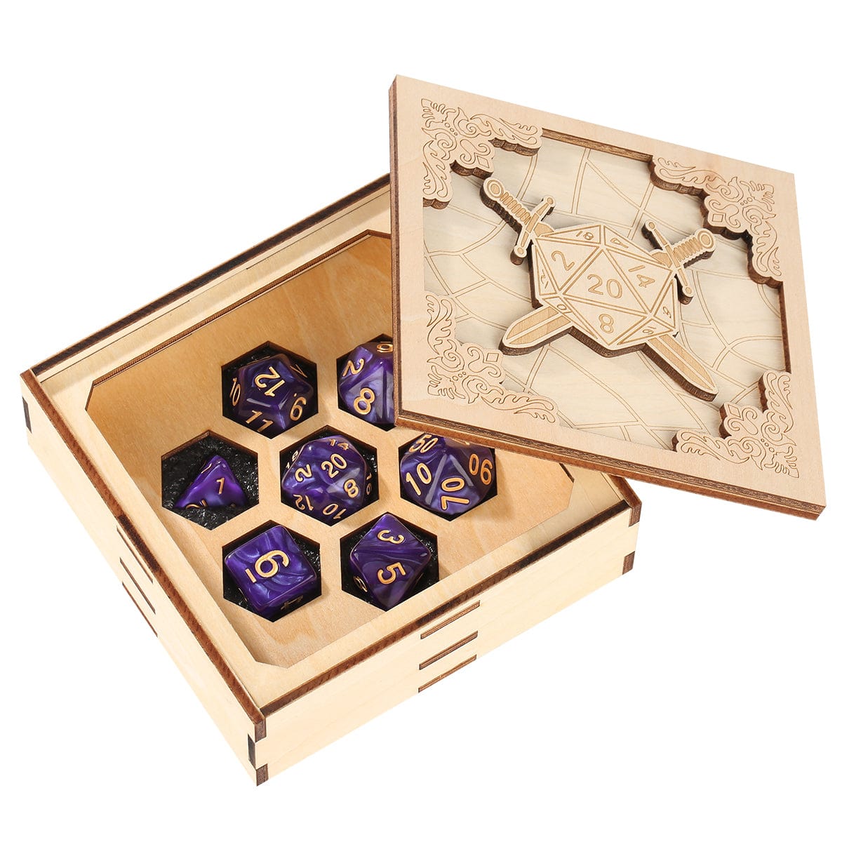 Quadratischer Würfelkoffer aus Holz mit Schwert- und Schildmotiv – DnD-Würfelkoffer für ein 7-teiliges Würfelset, Aufbewahrungskoffer für Würfel – Geloho