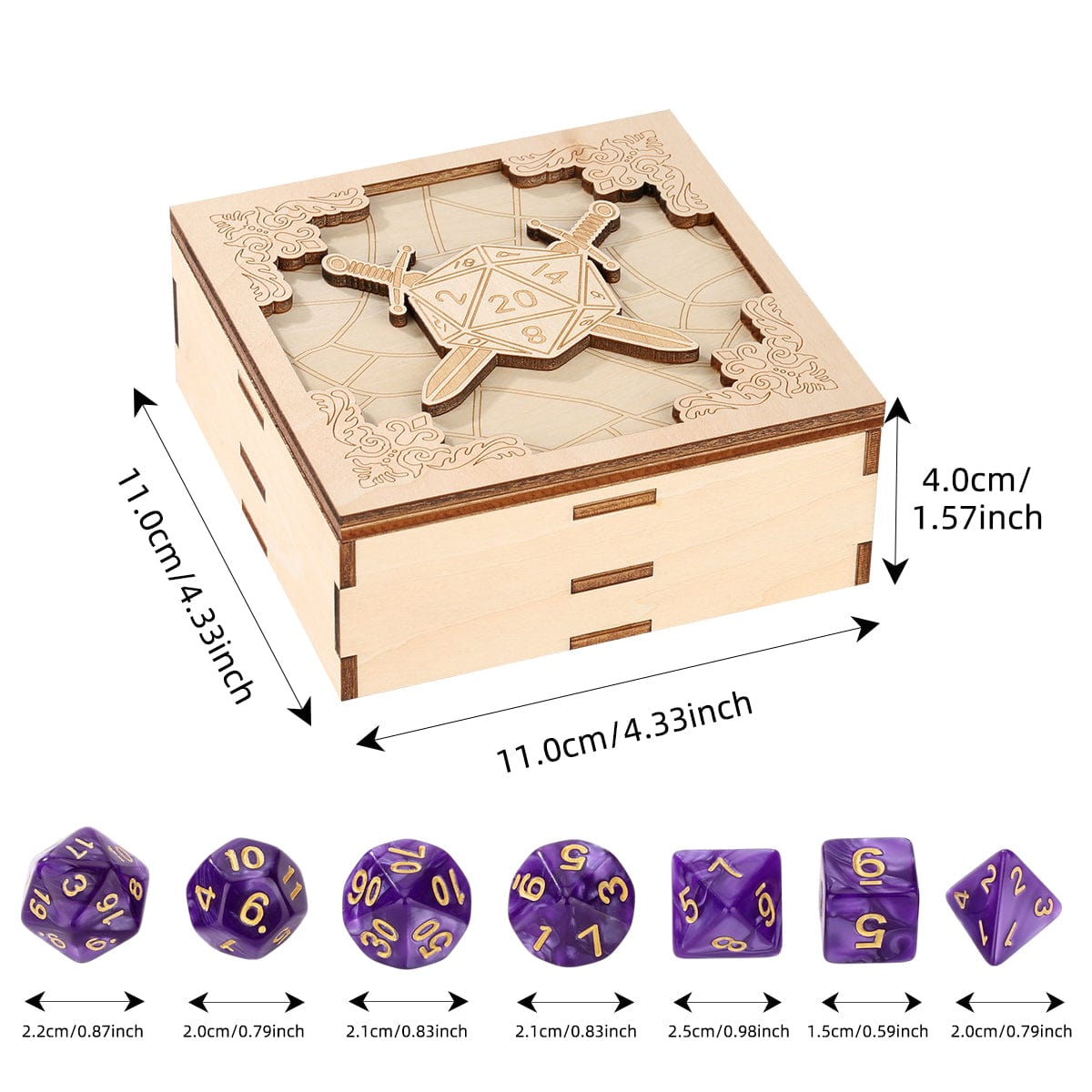 Geloho Adventurer's Dice Case – Square Wooden Case with Dual Sword Shield Design for DnD