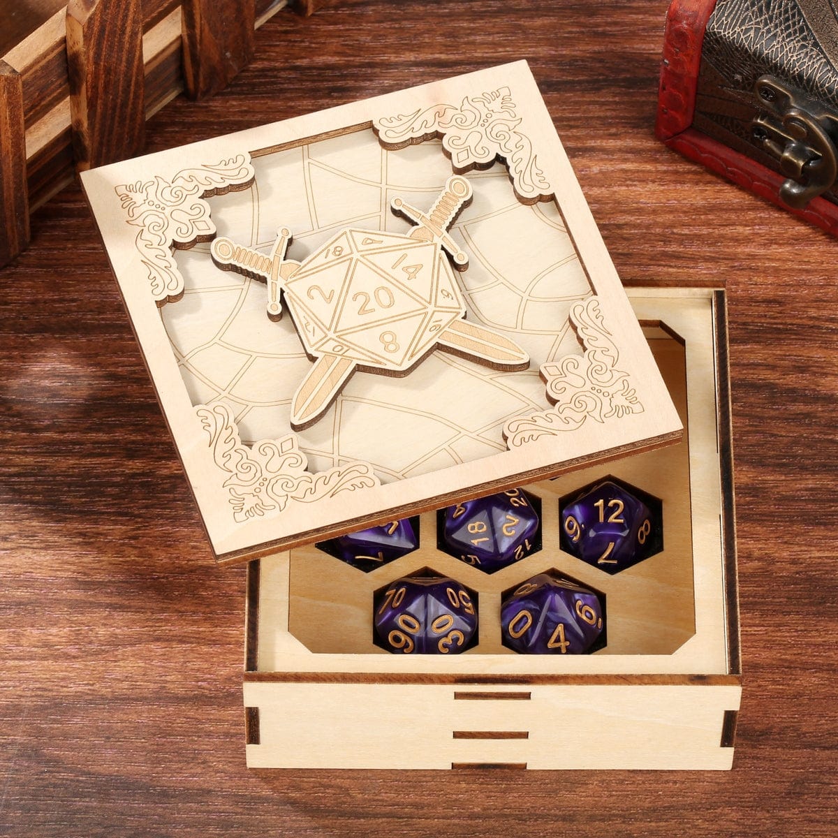 Geloho Adventurer's Dice Case – Square Wooden Case with Dual Sword Shield Design for DnD