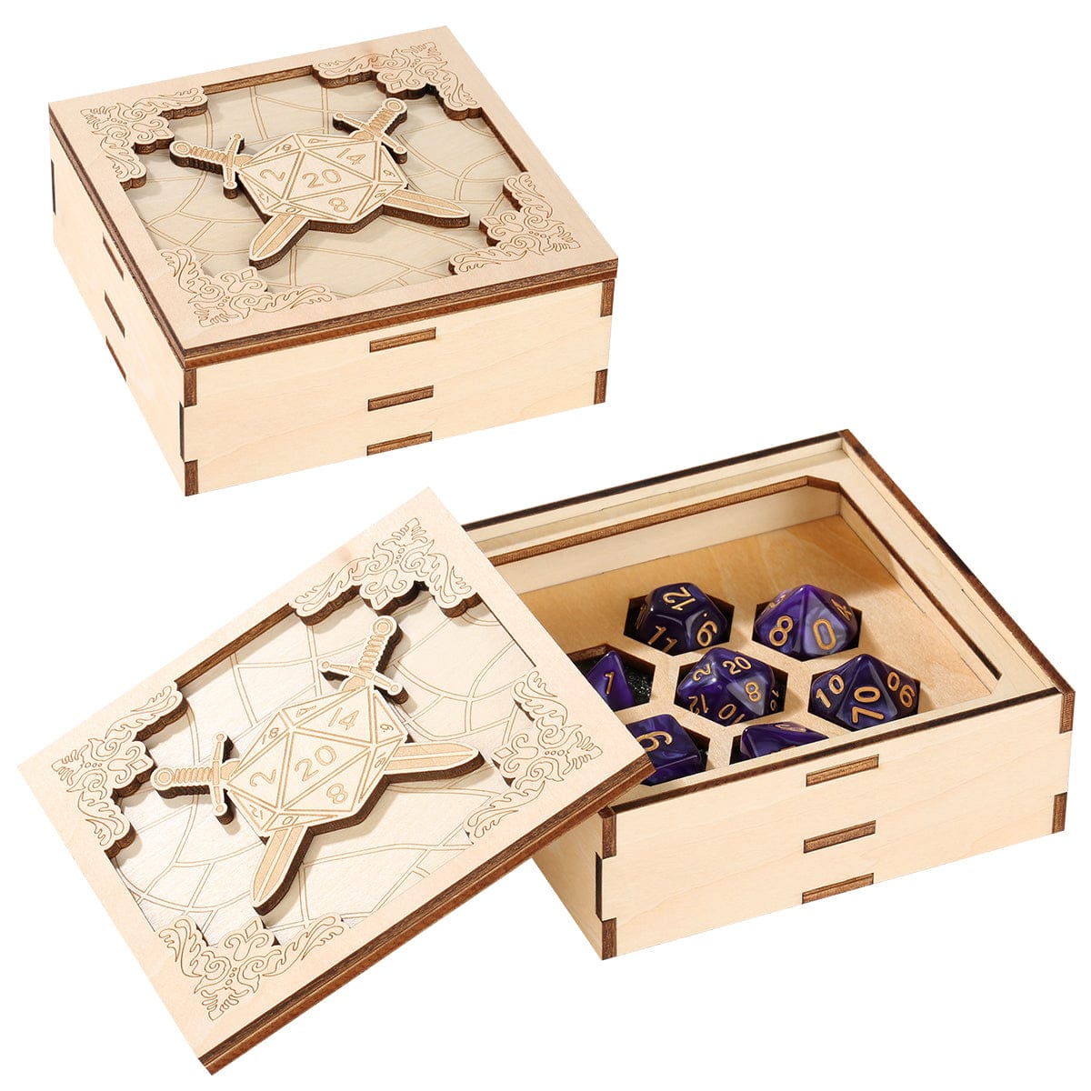 Geloho Adventurer's Dice Case – Square Wooden Case with Dual Sword Shield Design for DnD