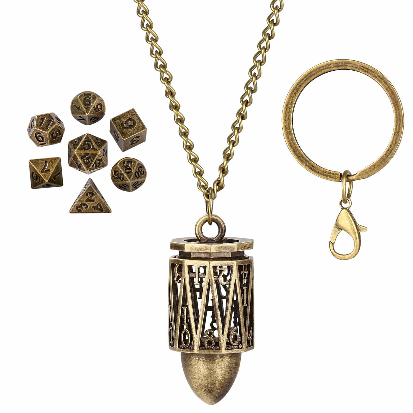 Geloho Bronze Arcane Cylinder Mini Dice Set Necklace & Keychain Set