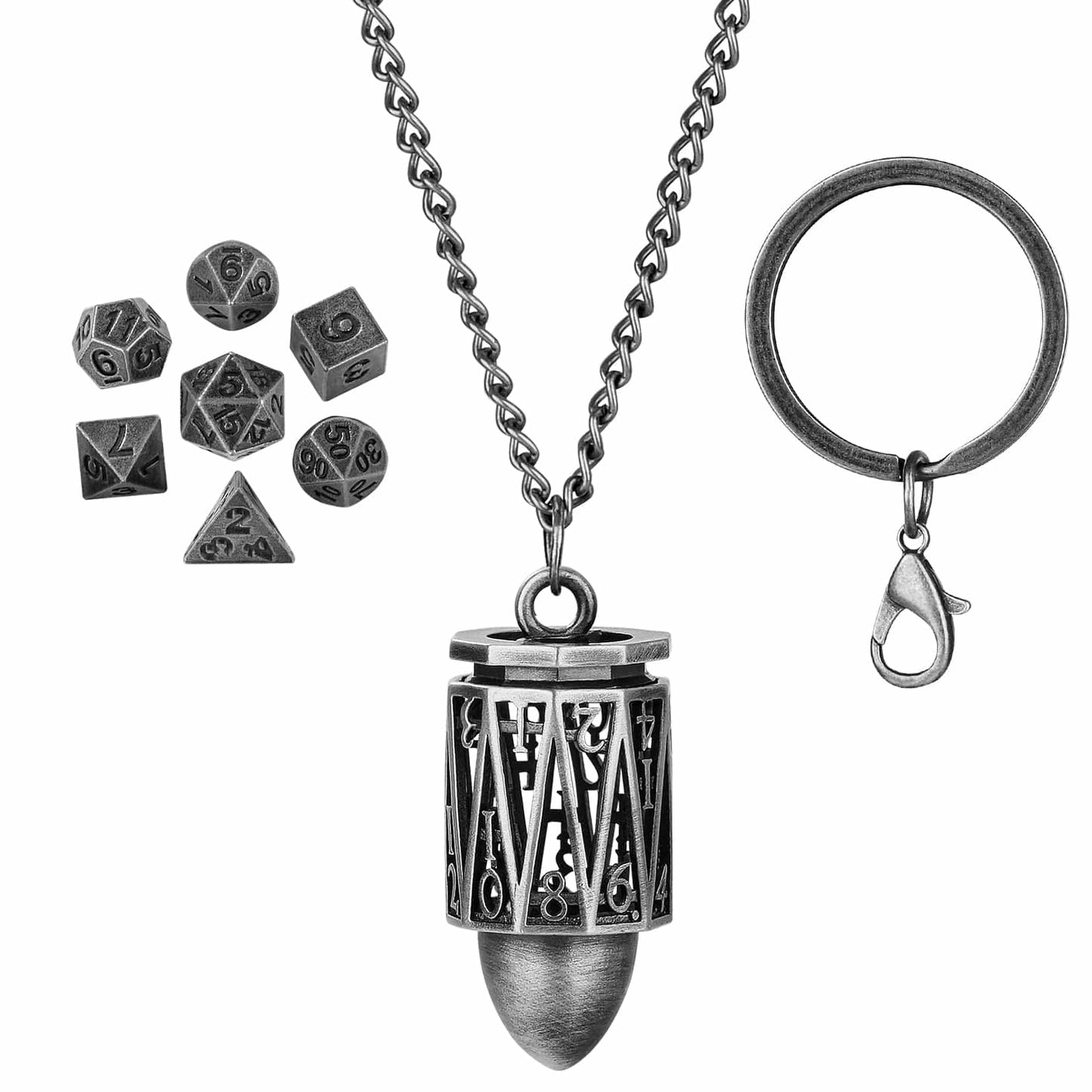 Geloho Silver Arcane Cylinder Mini Dice Set Necklace & Keychain Set