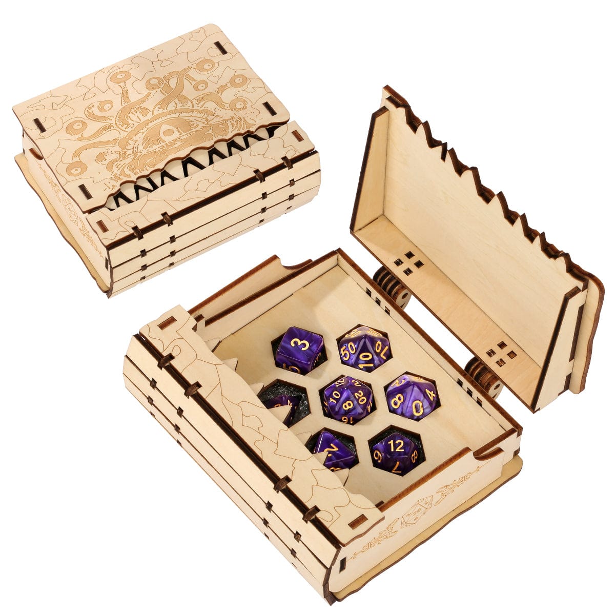 dnd würfel aufbewahrung Beholder Würfelbox aus Holz mit Magnetdeckel – Handgefertigte DnD Würfelbox  mit Monster-Schnitzerei – Passend für ein 7-teiliges Polyeder-Würfelset,  Aufbewahrungsbox für Würfel – Geloho