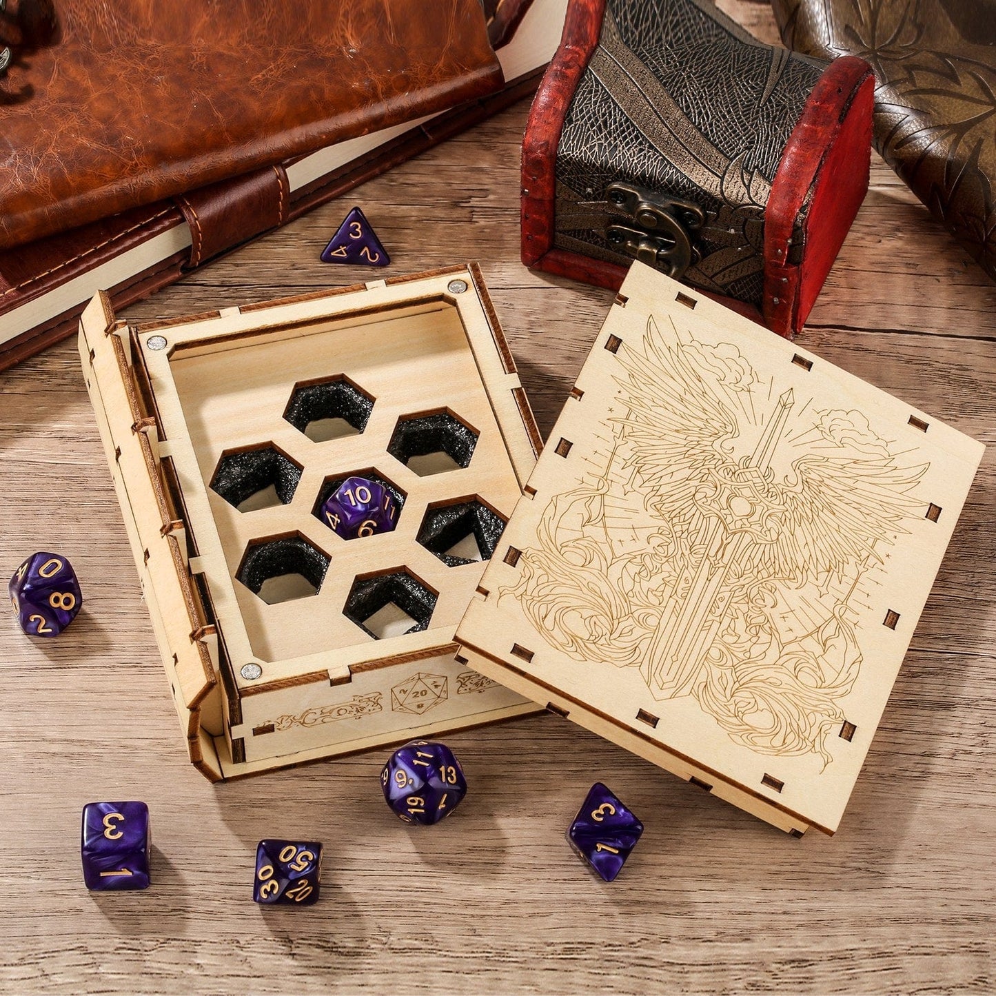 Geloho Divine Sword Dice Spellbook Wooden DnD Dice Case with Angelic Blade Engraving