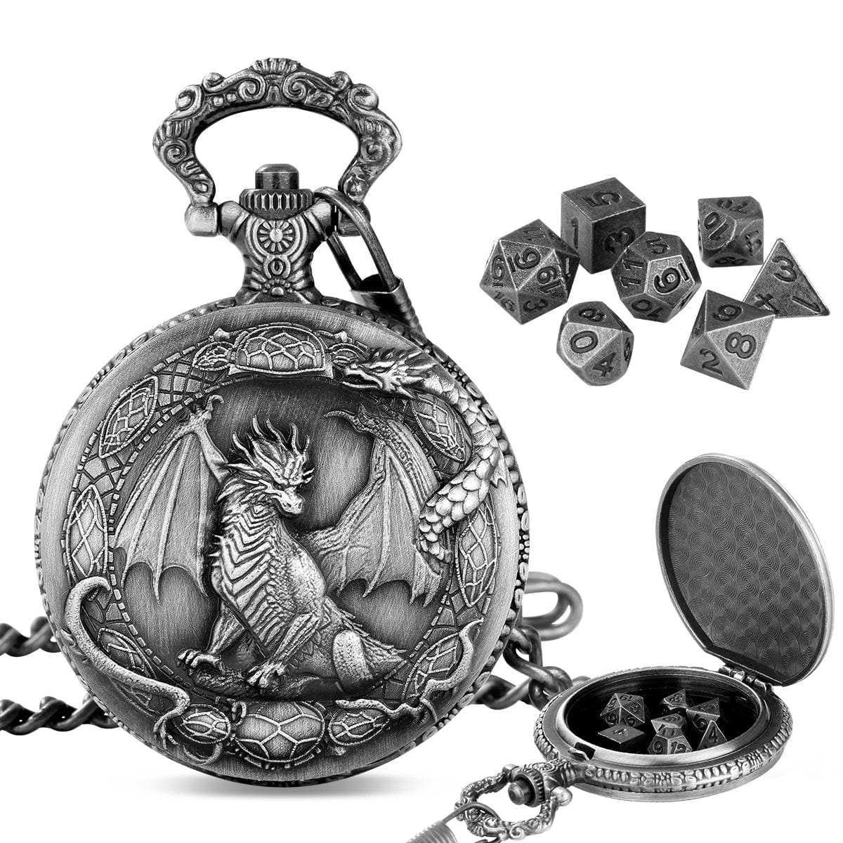 Geloho Silver Dragon Crest Pocket Watch Dice Set