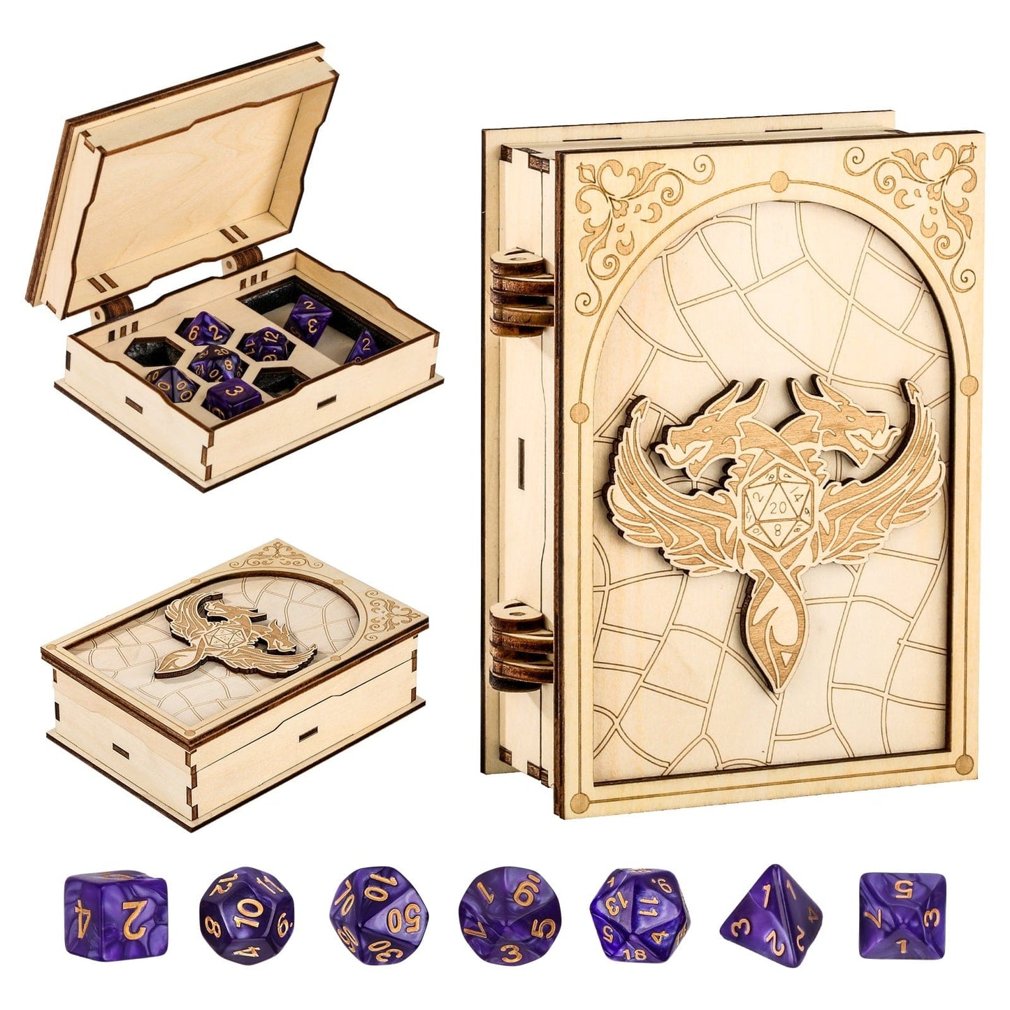 Geloho Dragon Grimoire Dice Case – Wooden Spellbook Case for DnD Dice Set