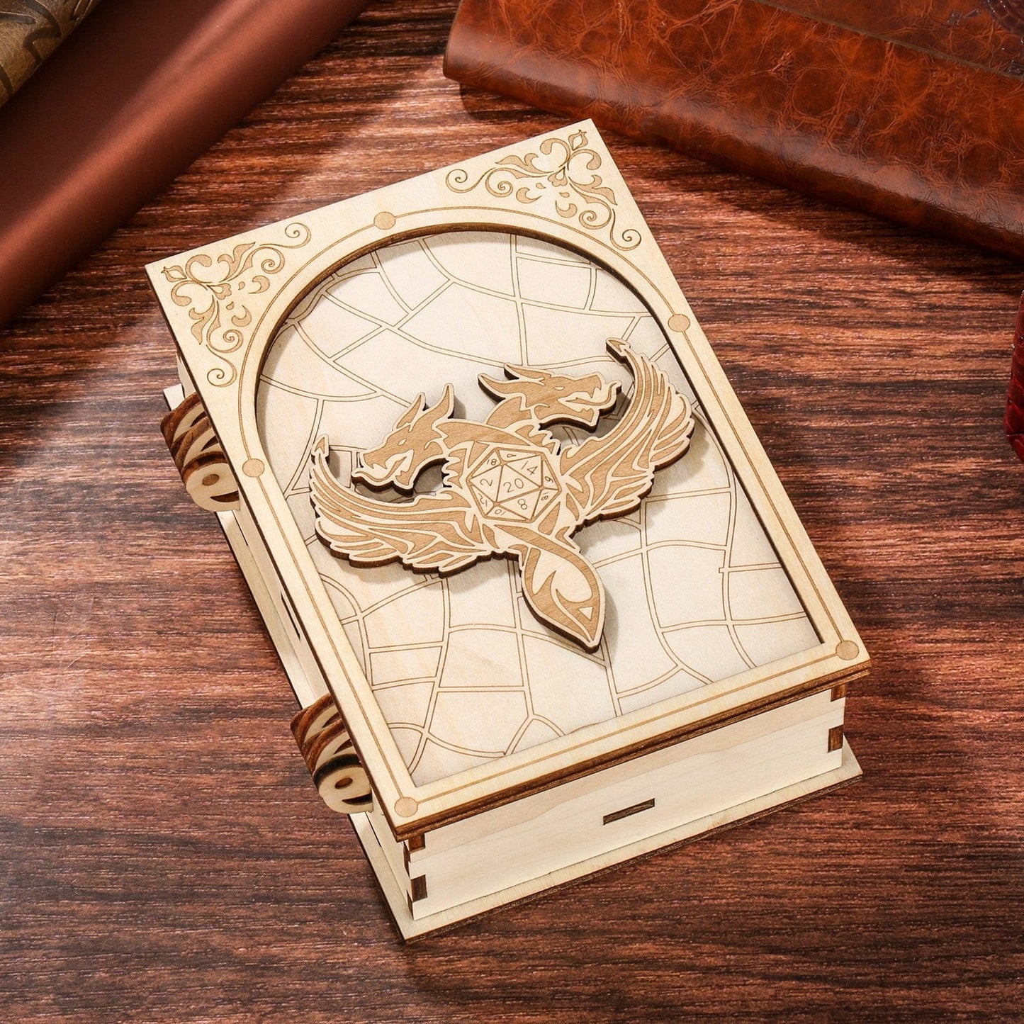 Geloho Dragon Grimoire Dice Case – Wooden Spellbook Case for DnD Dice Set
