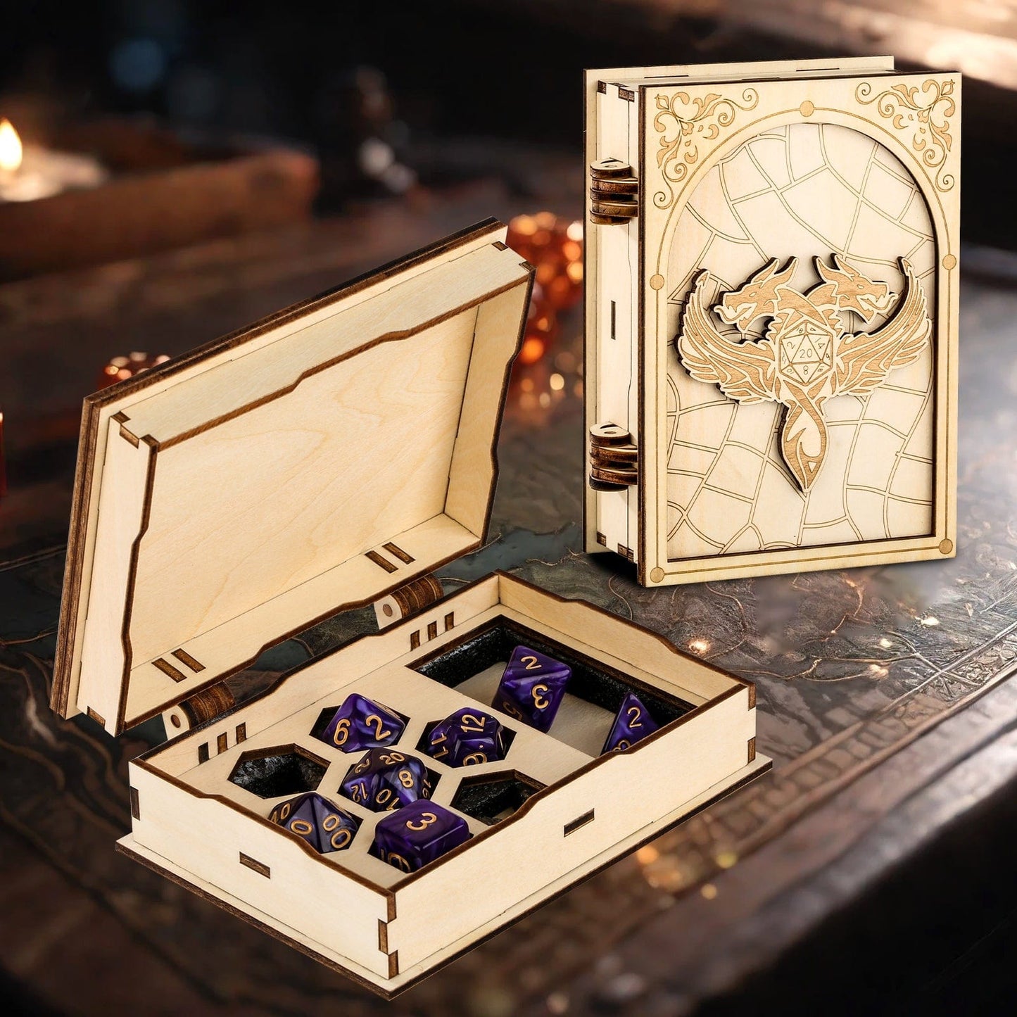 Geloho Dragon Grimoire Dice Case – Wooden Spellbook Case for DnD Dice Set