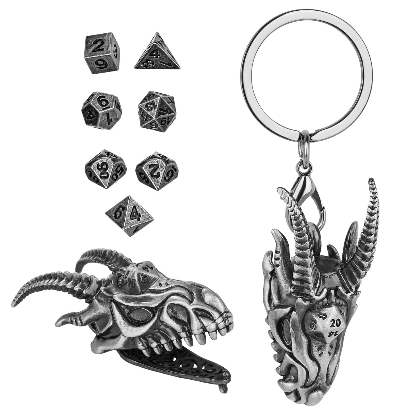 Geloho Silver Dragon Skull Mini Dice Set Keychain