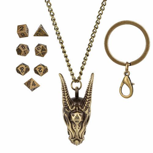 Geloho Bronze Dragon Skull Mini Dice Set Necklace & Keychain Set