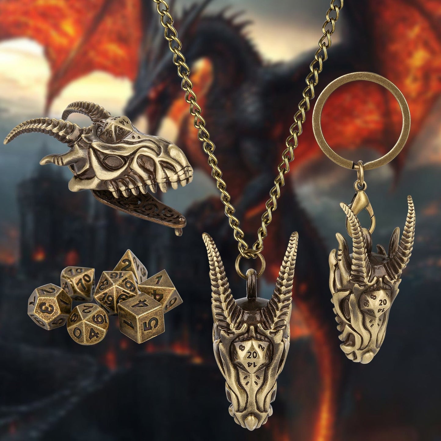 Geloho Dragon Skull Mini Dice Set Necklace & Keychain Set
