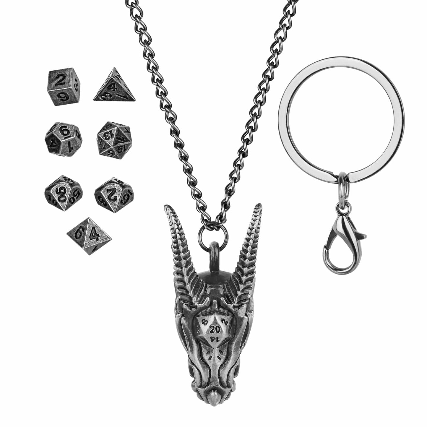 Geloho Silver Dragon Skull Mini Dice Set Necklace & Keychain Set