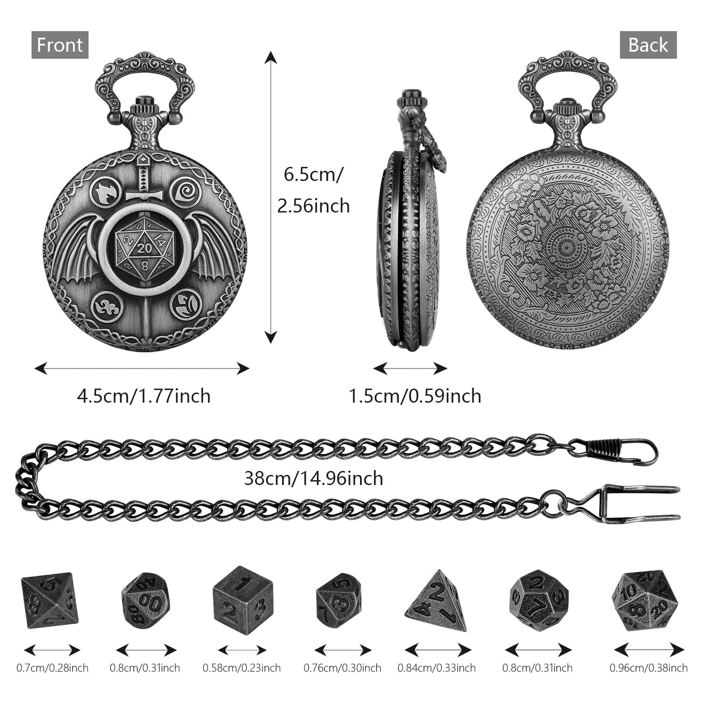 Geloho D20, Dragon Elemental Sword & Wings Pocket Watch Dice Set
