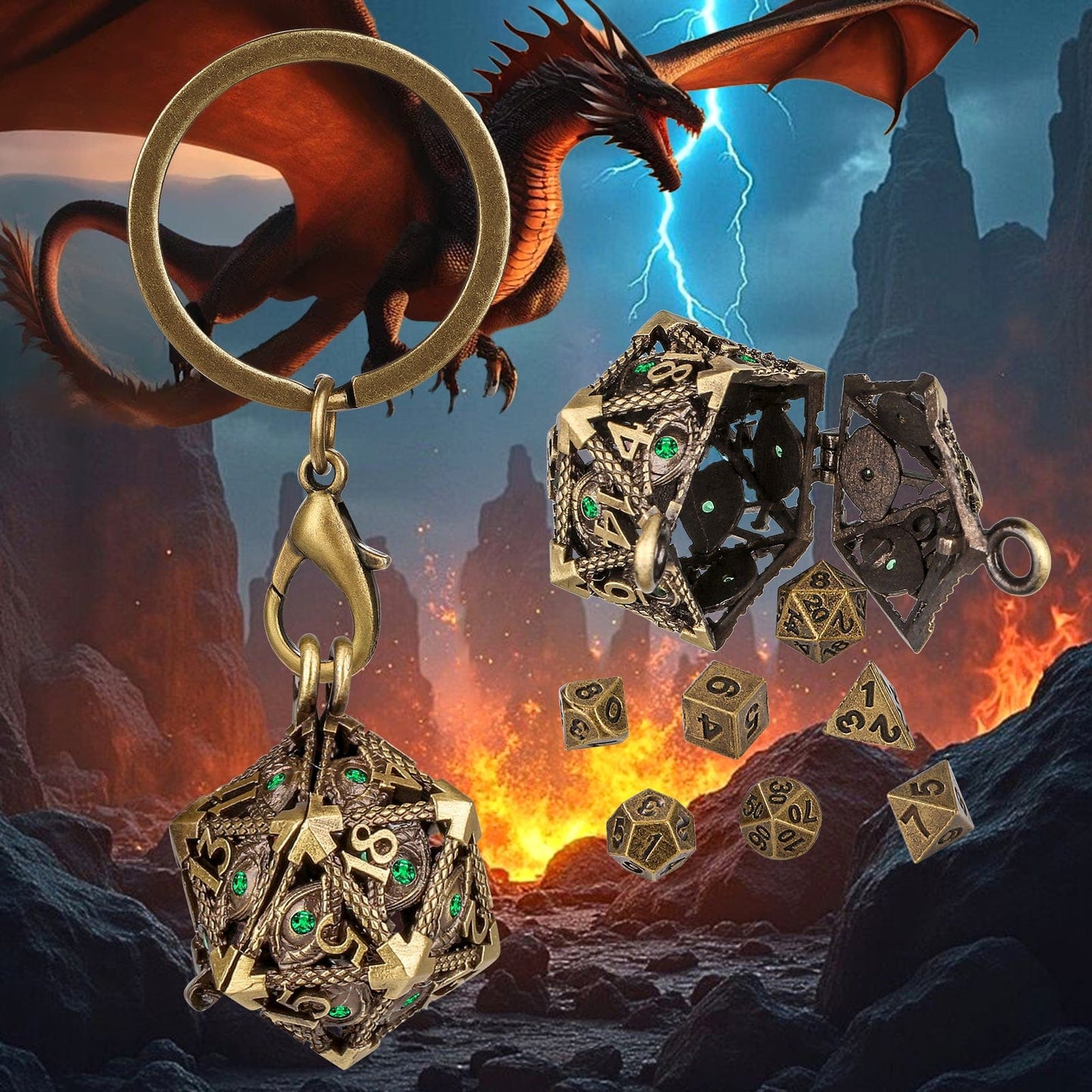 Geloho Emerald Key — D20 Dice Locket Mini Dice Set Keychain