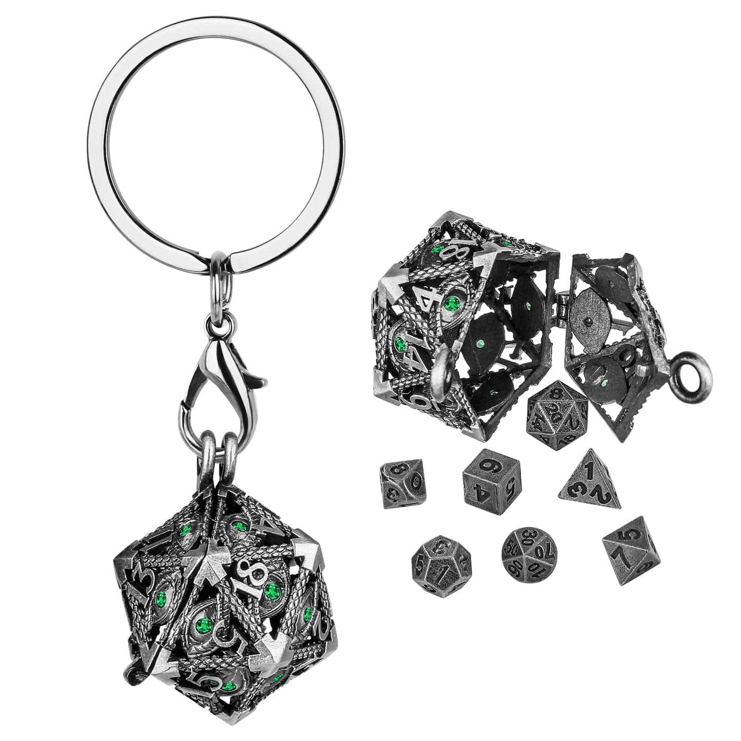 Geloho Silver Emerald Key — D20 Dice Locket Mini Dice Set Keychain