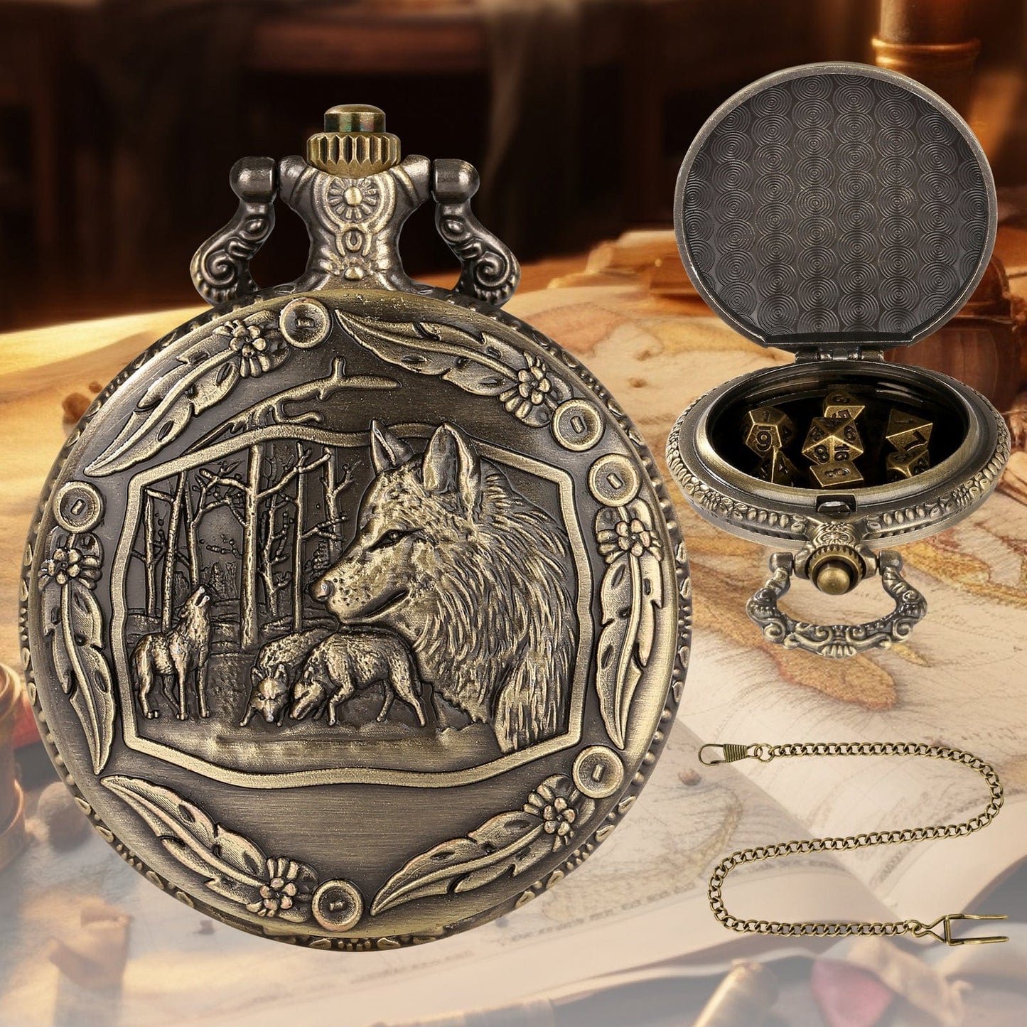 Geloho D20, Dragon Forest Wolf Pocket Watch Dice Set