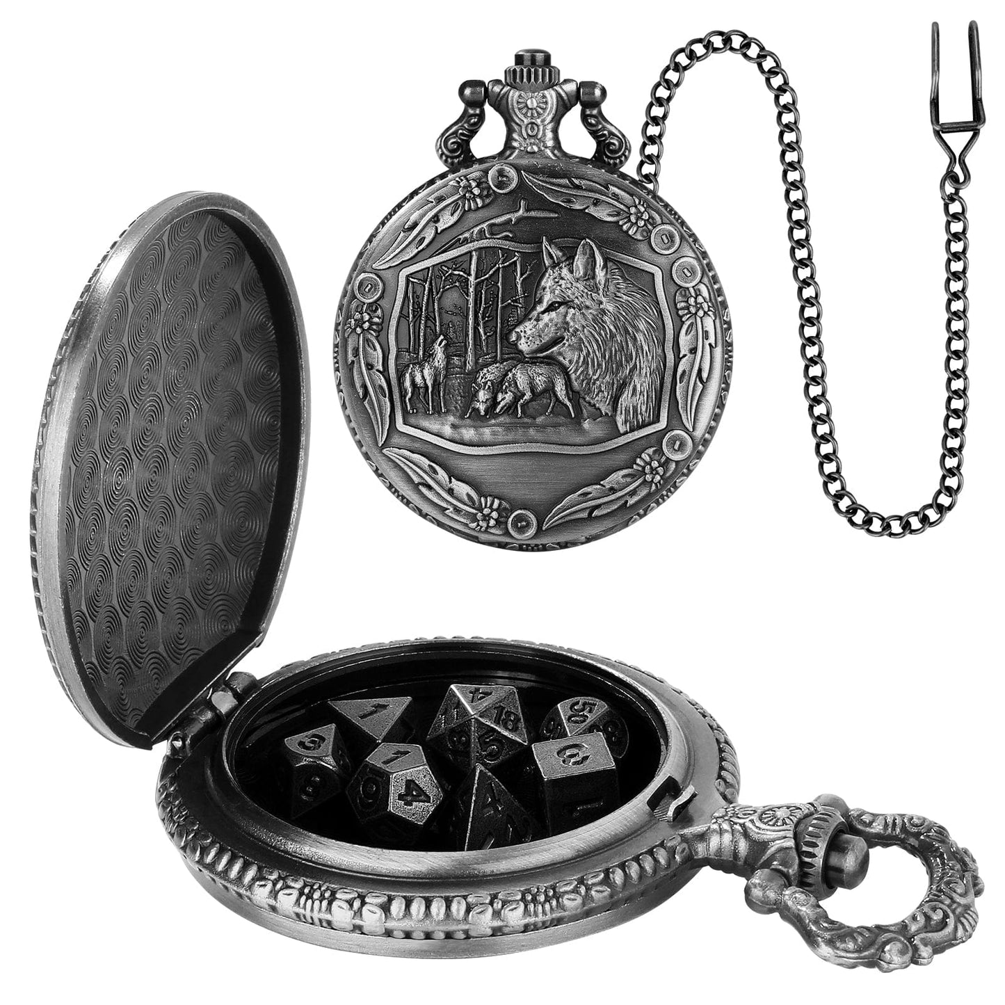 Geloho D20, Dragon Silver Forest Wolf Pocket Watch Dice Set