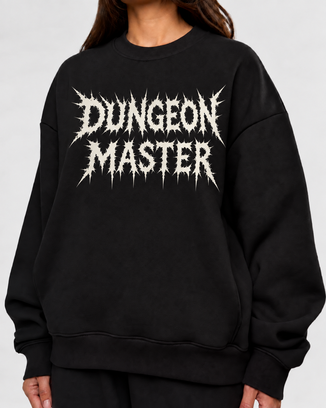 Female model wearing Forever Dungeon Master - DnD Sweatshirt