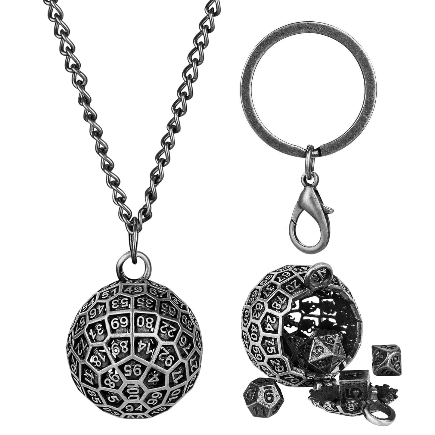 Geloho Silver Hollow D100 Mini Dice Set Necklace & Keychain