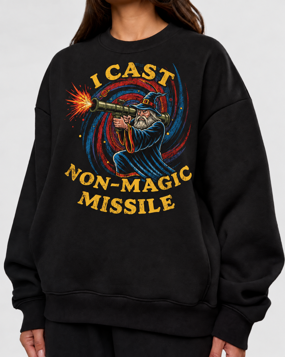 Female model wearing Improvised Magic Missile - DnD Sweatshirt