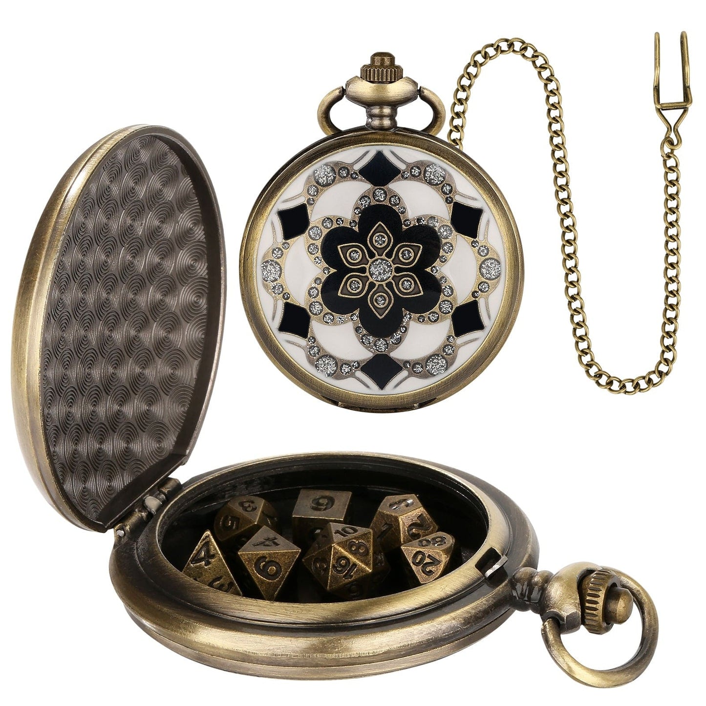 Geloho D20, Dragon White Mandala Pocket Watch Dice Set