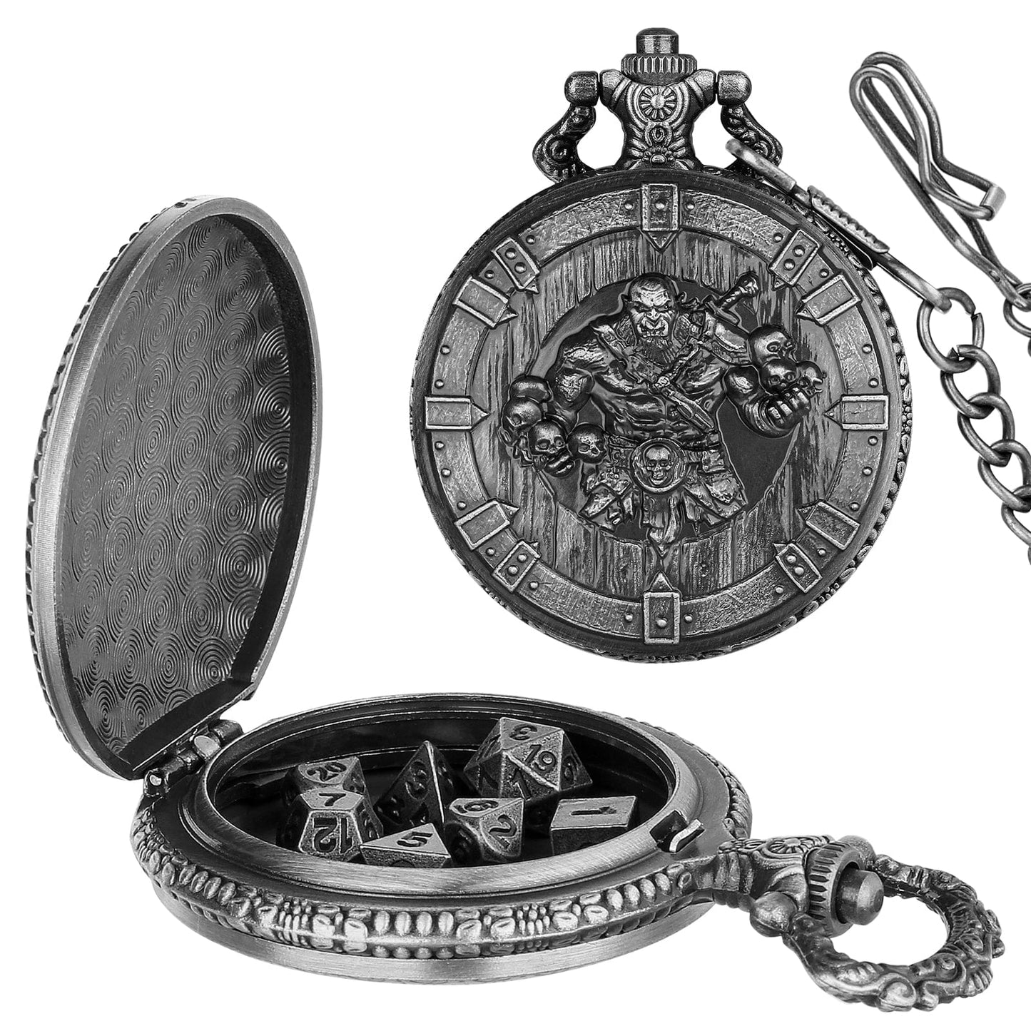 Geloho Silver Orc Warlord Pocket Watch Dice Set