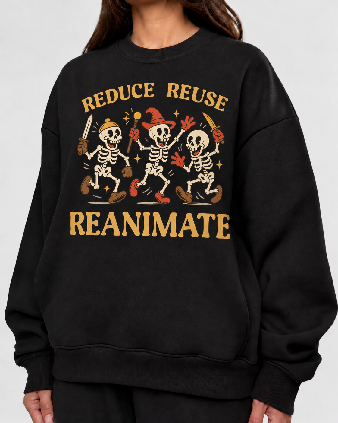 Female model wearing Responsible Necromancy Club - DnD Sweatshirt