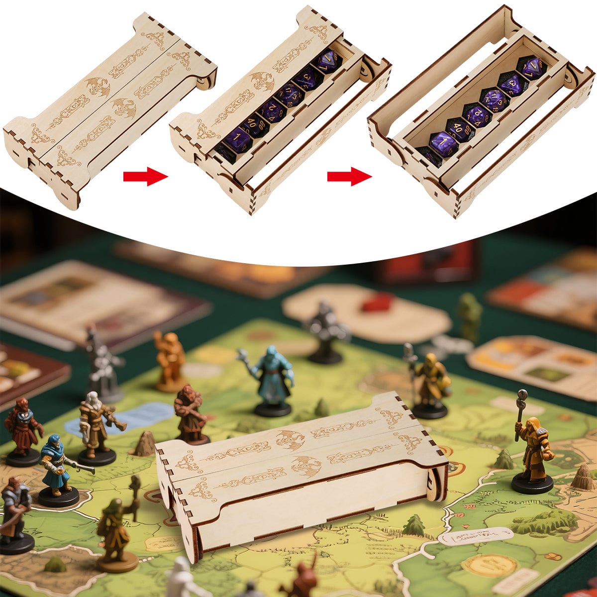 Geloho Scroll Dice Vault – Long Wooden Dice Case with Engraved Lid for DnD 7-Die Set