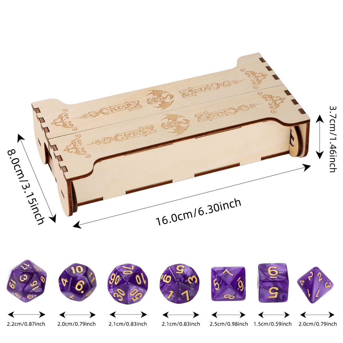 Geloho Scroll Dice Vault – Long Wooden Dice Case with Engraved Lid for DnD 7-Die Set