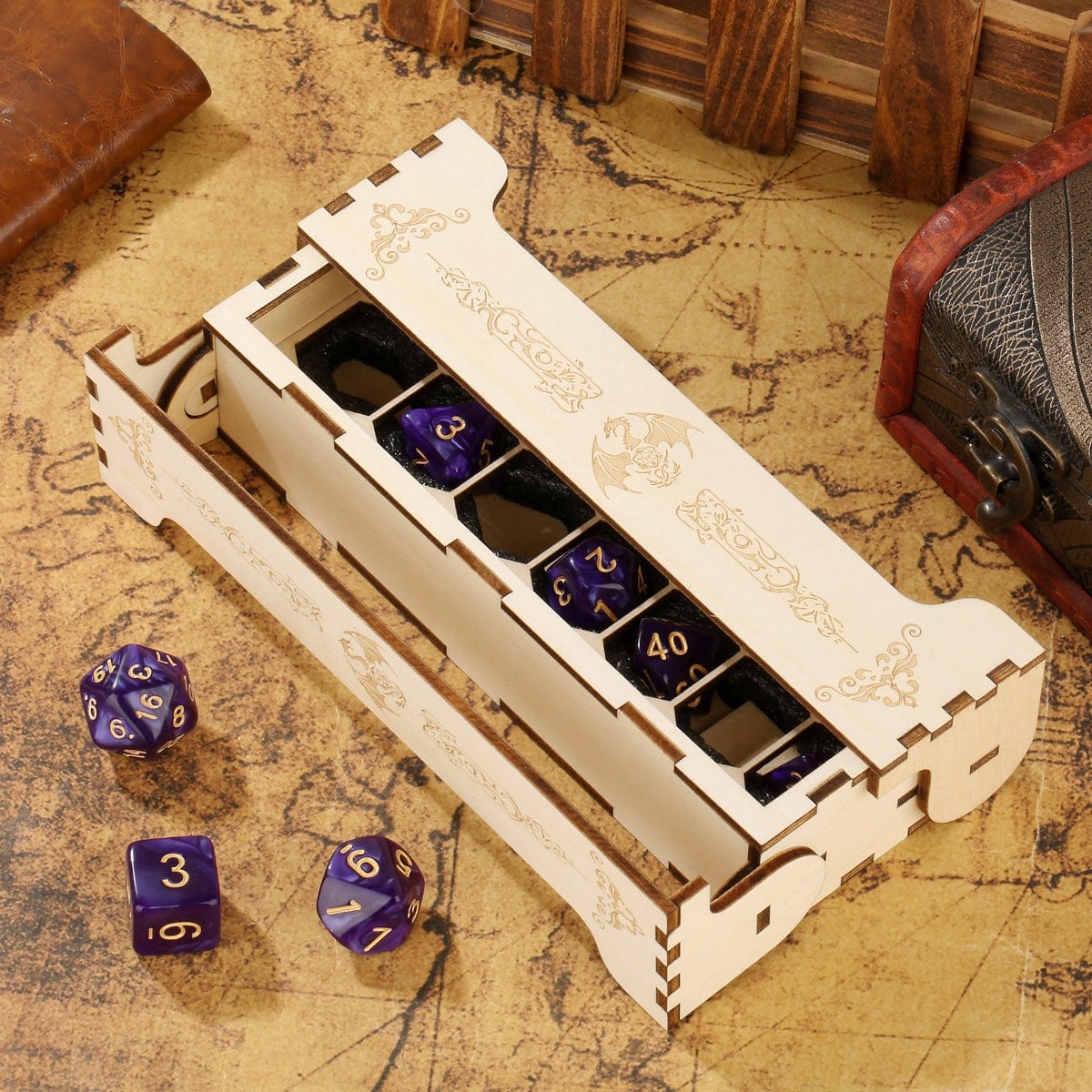 Geloho Scroll Dice Vault – Long Wooden Dice Case with Engraved Lid for DnD 7-Die Set