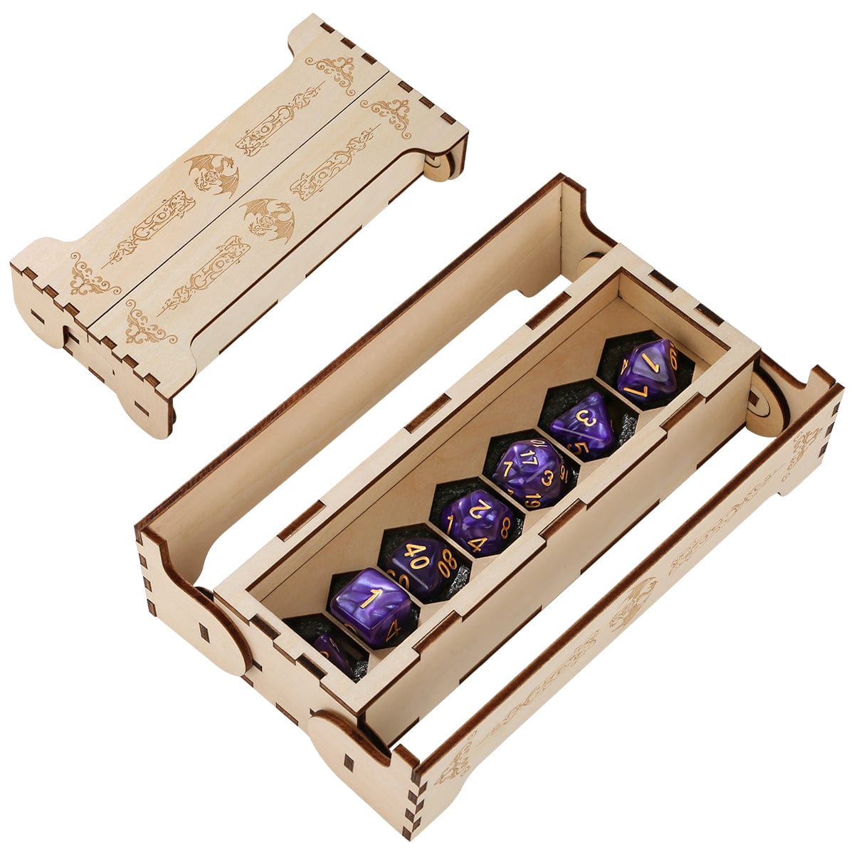 dnd würfel aufbewahrung Langes Würfelkästchen aus Holz mit graviertem Deckel – 7-teiliges Würfelaufbewahrungsset für Dungeons & Dragons, Geschenkidee – Geloho