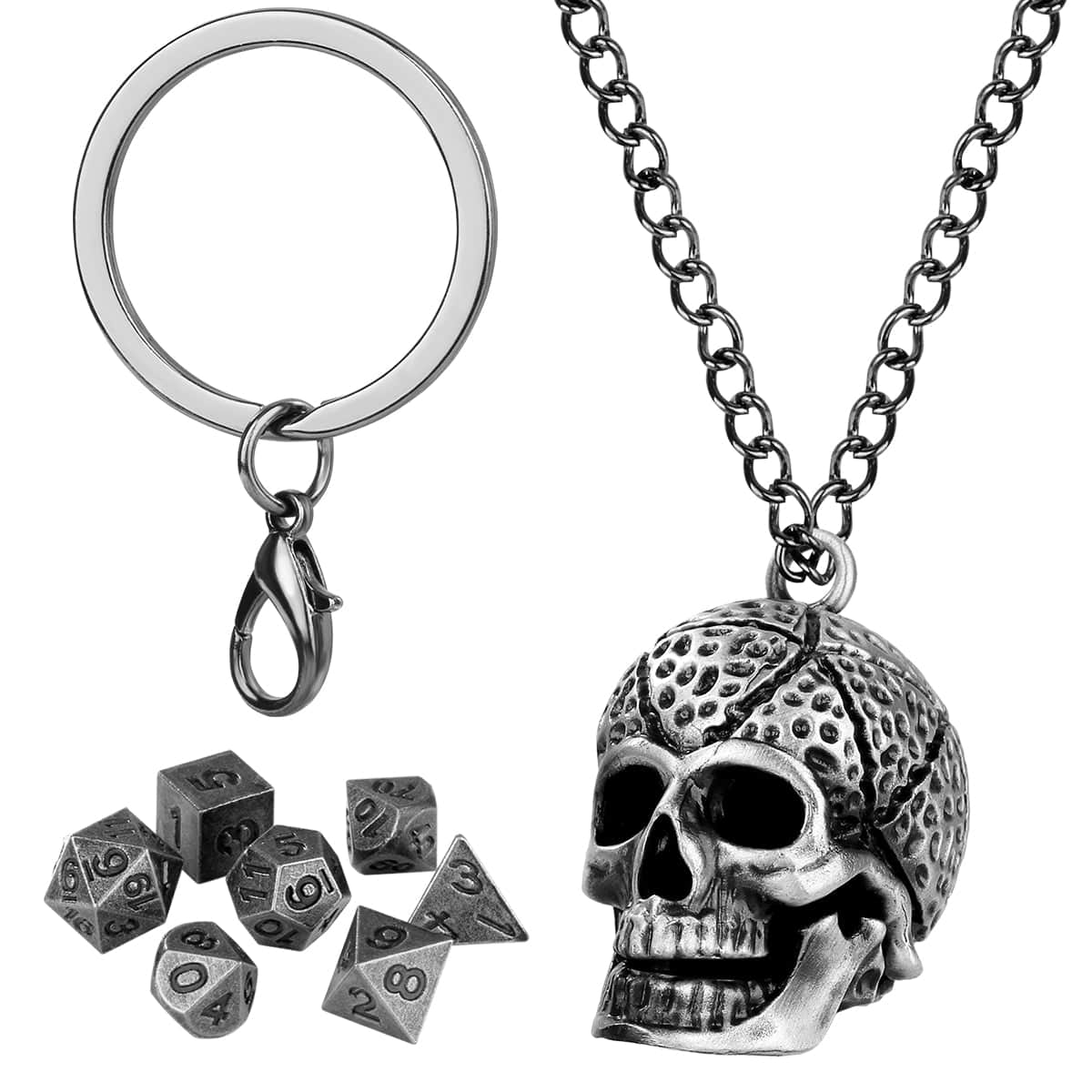 Geloho Silver Skull Mini Dice Set Necklace & Keychain Set