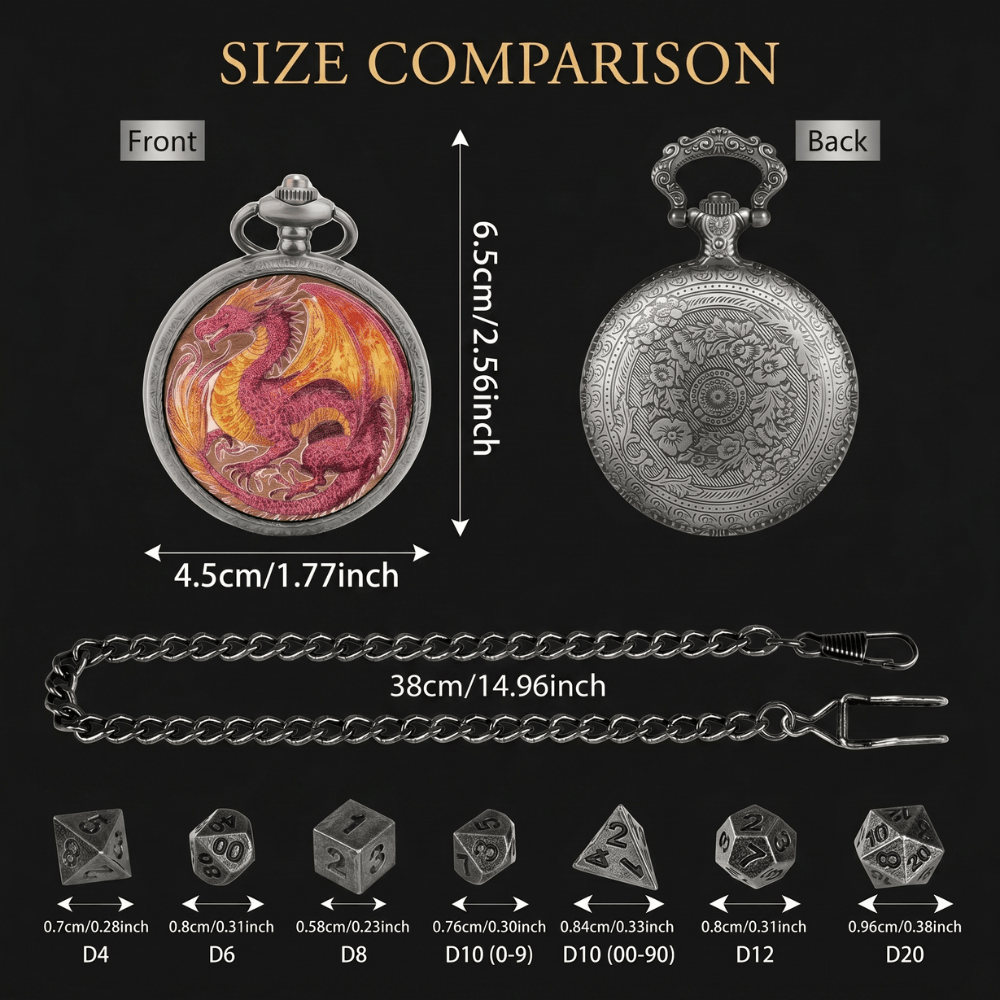 Geloho D20, Dragon Silver Sovereign Red Dragon Classic Pocket Watch Dice Set