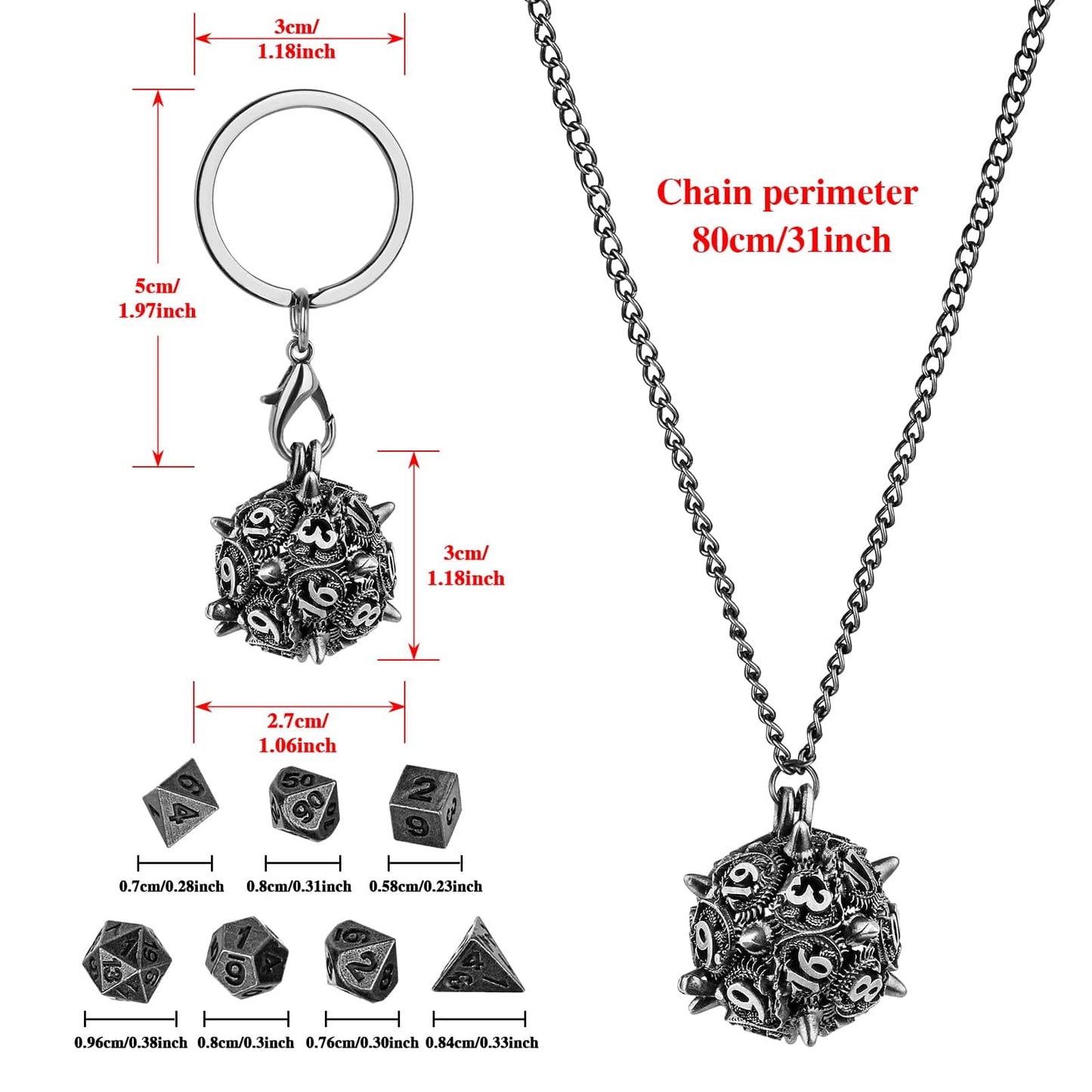 Geloho Spiked D20 Mini Dice Set Necklace & Keychain