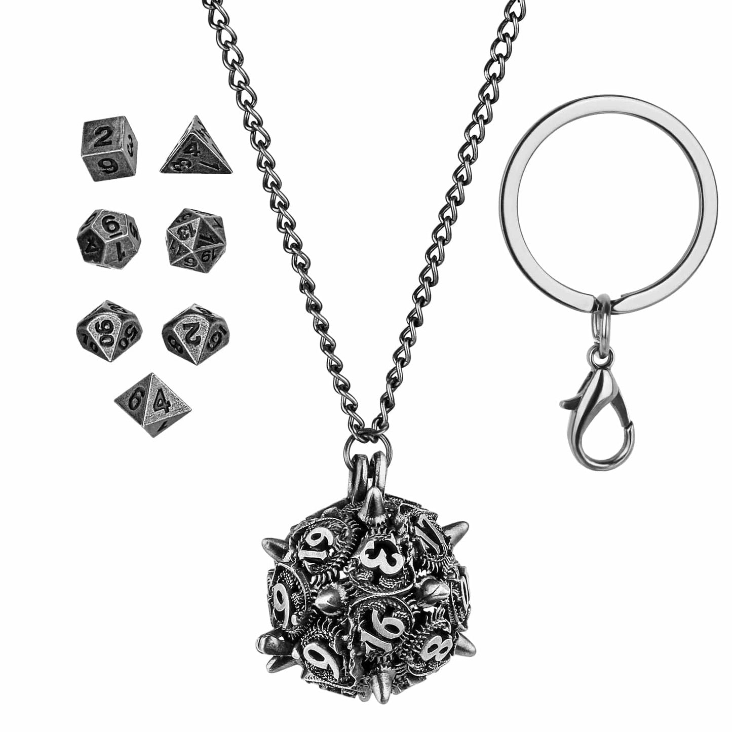 Geloho Silver Spiked D20 Mini Dice Set Necklace & Keychain