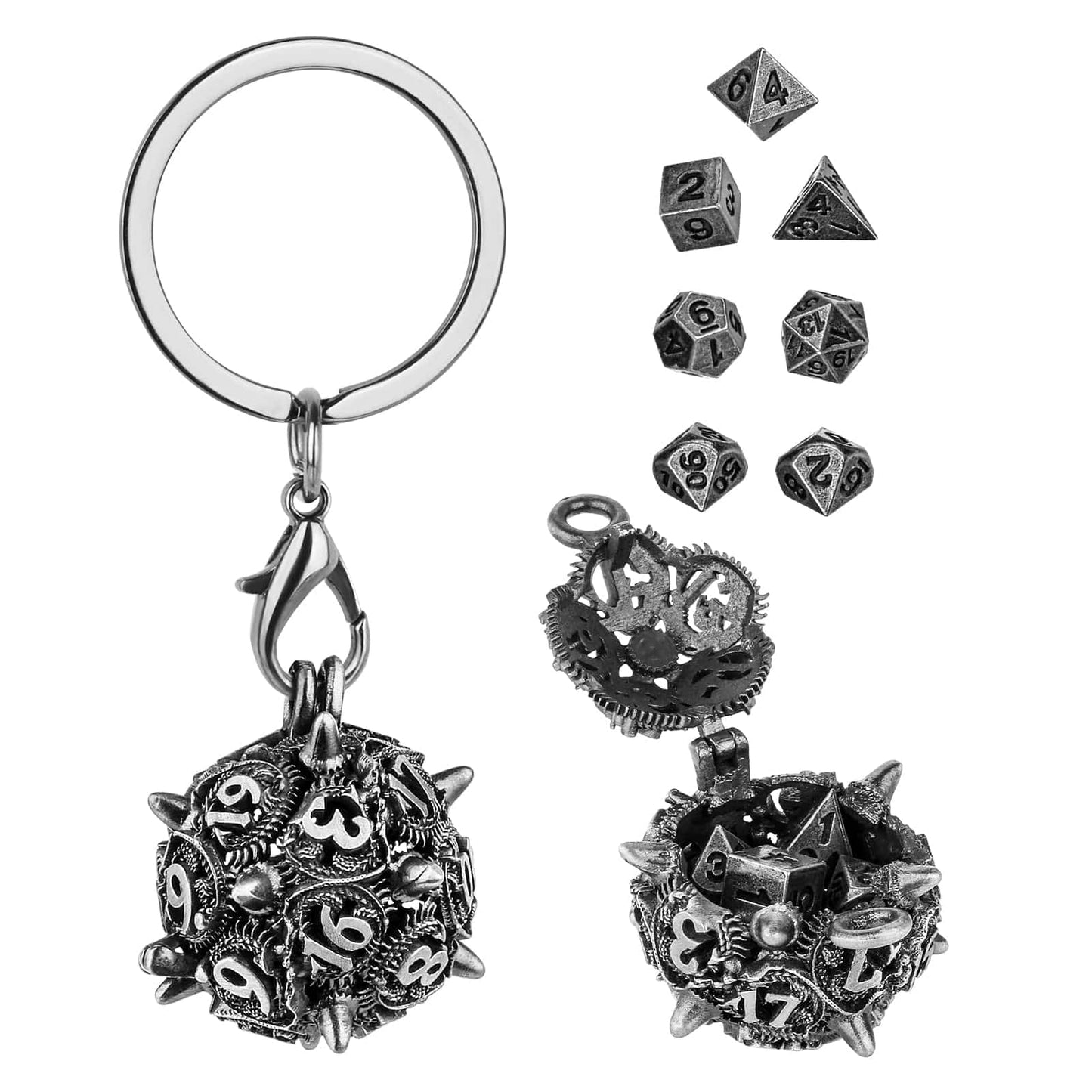 Geloho Silver Spiked Skull D20 Mini Dice Set Keychain