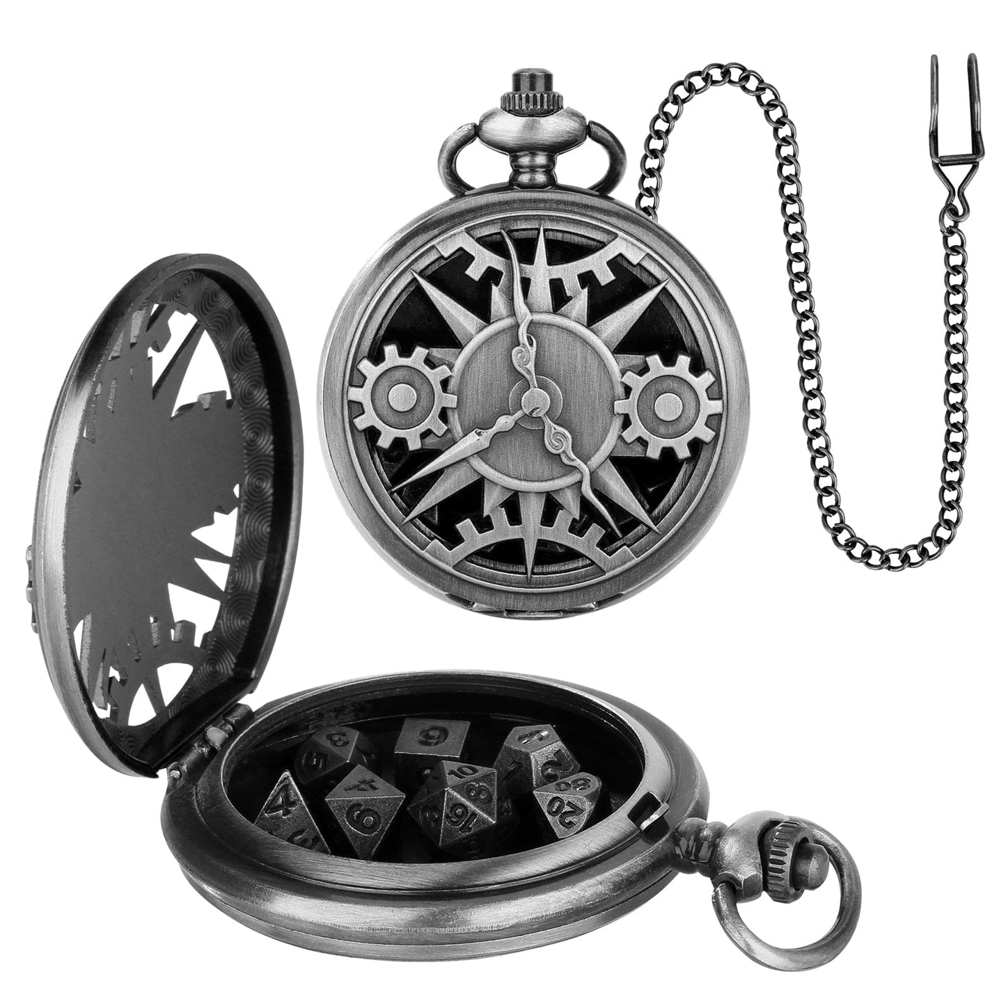 Geloho Silver Steampunk Compass Gear Pocket Watch Dice Set